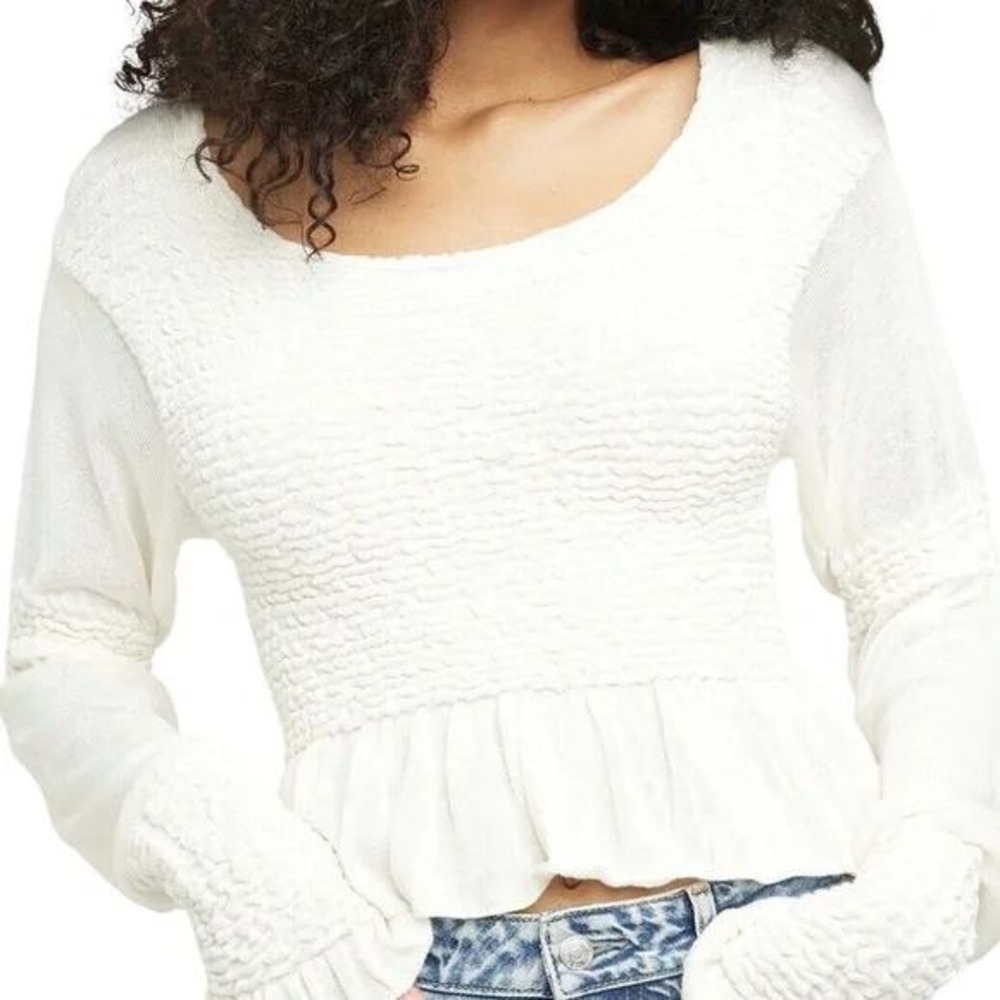 Free People Women's Free Spirit Smocked Cream Peplum Top XS Boho Ethereal Fairy